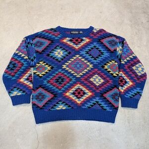 VTG 90s Nordstrom Hand Knit Wool Sweater Men's M Aztec Pattern Blue
